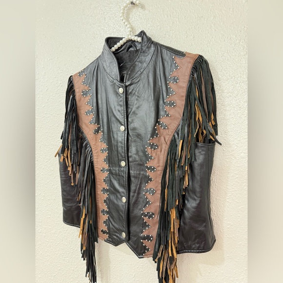 Diamond Supply Co Black and Brown Leather Jacket with Fringe western/ biker vest - Picture 3 of 8